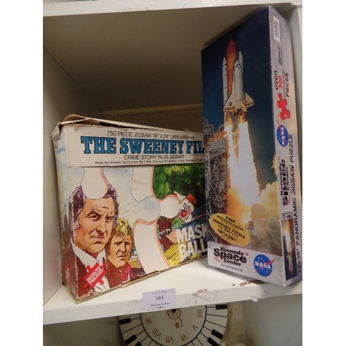 181 - VINTAGE 'SWEENY FILE CRIME STORY PLUS' JIGSAW PUZZLE, ALSO A KENNEDY SPACE CENTRE JIGSAW.