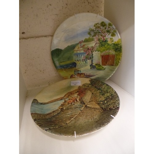 183 - 2 X HAND-PAINTED DECORATIVE WALL PLATES. ALFRED MEAKIN, AND BILTONS-STAFFORDSHIRE.