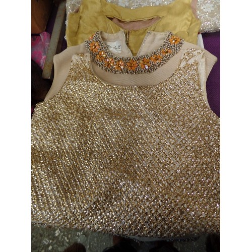 192 - BEAUTIFUL VINTAGE CLOTHING. 3 BEADED TOPS C.1960'S. WHITE SEQUIN BY JOYCE HONG-KONG, GOLD SEQUIN BY ... 