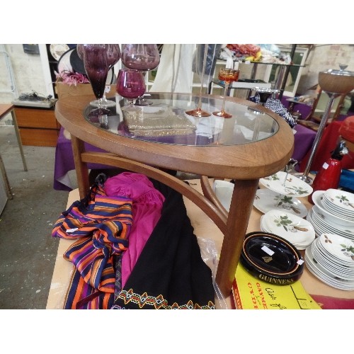 203 - RETRO COFFEE TABLE. GLASS & TEAK. STYLE OF G-PLAN/NATHAN.