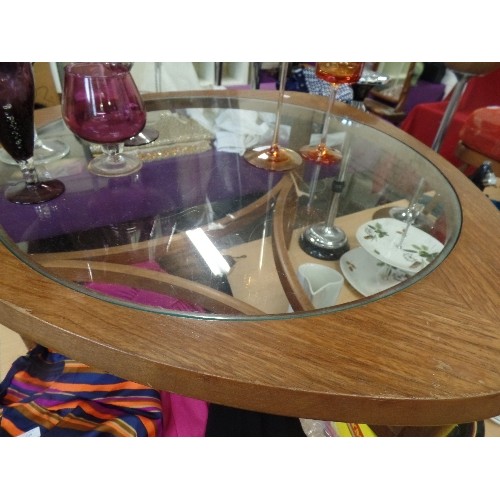 203 - RETRO COFFEE TABLE. GLASS & TEAK. STYLE OF G-PLAN/NATHAN.