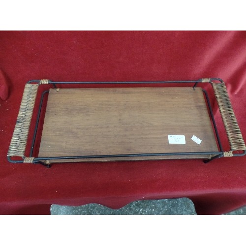 227 - VINTAGE SERVING TRAY, TEAK ON A METAL FRAME, WITH WICKER HANDLES.