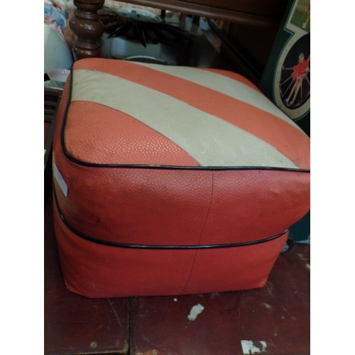 221 - RETRO ORANGE & CREAM LEATHERETTE POUFFE.