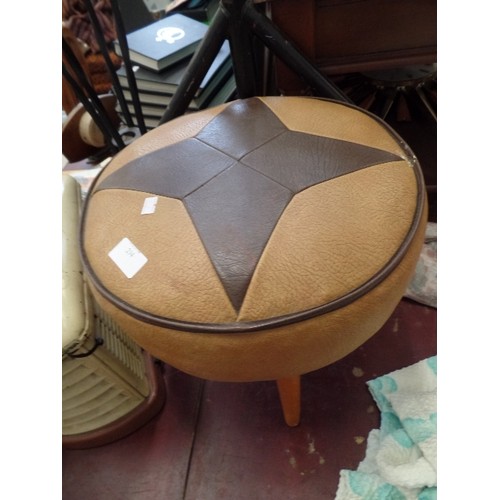 234 - RETRO CIRCULAR STOOL WITH TAPERED LEGS. TAN  & CHOCOLATE LEATHERETTE .