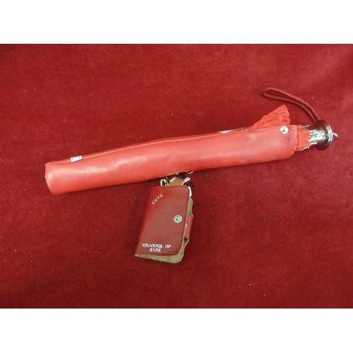 249 - GENUINE 1970'S BRIGHT RED UMBRELLA WITH COVER, IN GOOD CONDITION. ALSO A RED LEATHER KEY POUCH.