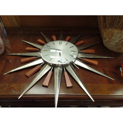 214 - RETRO METAMEC SUNBURST WALL CLOCK, WITH 'BRASS & TEAK' RAYS.