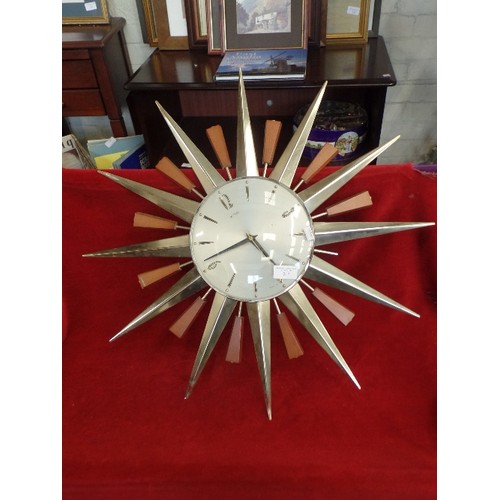 214 - RETRO METAMEC SUNBURST WALL CLOCK, WITH 'BRASS & TEAK' RAYS.