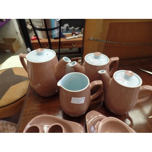 213 - 1960'S LANGLEY MILL 'LUCERNE' PATTERN, GRADUATED TEAPOTS, MILK JUG ETC, WITH SET OF NIBBLES DISHES, ... 