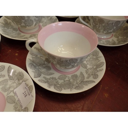 218 - 5 X NORITAKE TEA-CUP DUO'S, AND A SPARE SAUCER. PALE PINK/GREY/WHITE.