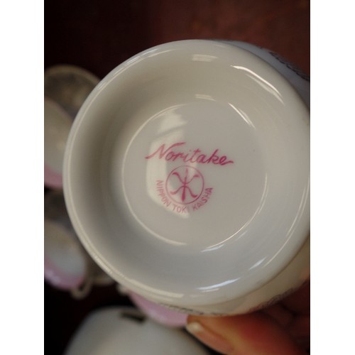 218 - 5 X NORITAKE TEA-CUP DUO'S, AND A SPARE SAUCER. PALE PINK/GREY/WHITE.