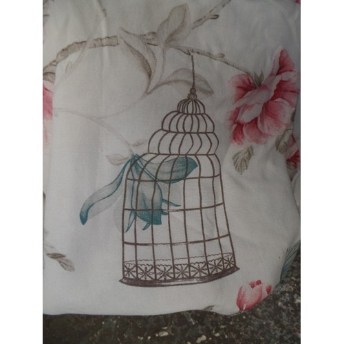155 - FULL LENGTH LINED CURTAINS. IVORY WITH BIRDCAGE, BUTTERFLY & PEONY DESIGN. SAGE/PINK.
