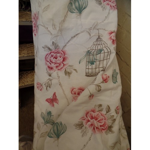 155 - FULL LENGTH LINED CURTAINS. IVORY WITH BIRDCAGE, BUTTERFLY & PEONY DESIGN. SAGE/PINK.