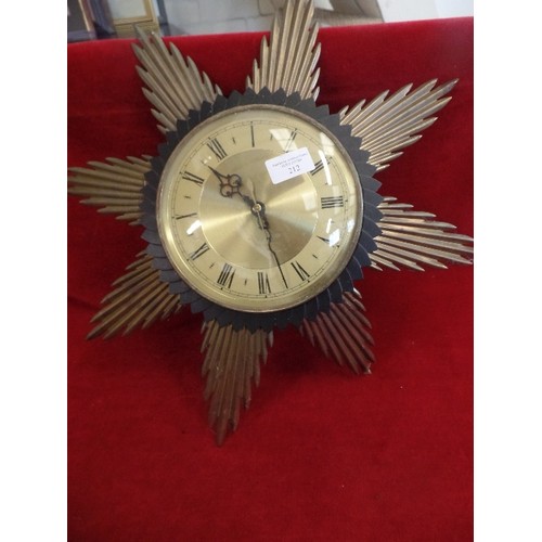 212 - RETRO METAMEC BRASS 'SUNBURST' WALL CLOCK, WITH FLUTED BRASS RAYS.