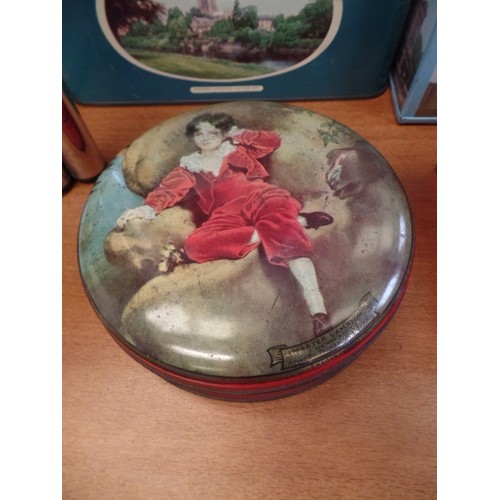 239 - 2 VINTAGE BISCUIT TINS WITH LONDON VIEWS, AN ORIGINAL OXO TIN IN GOOD COND, & A WILKINS 'RED BOY' TO... 