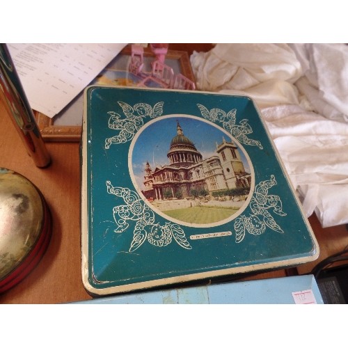 239 - 2 VINTAGE BISCUIT TINS WITH LONDON VIEWS, AN ORIGINAL OXO TIN IN GOOD COND, & A WILKINS 'RED BOY' TO... 