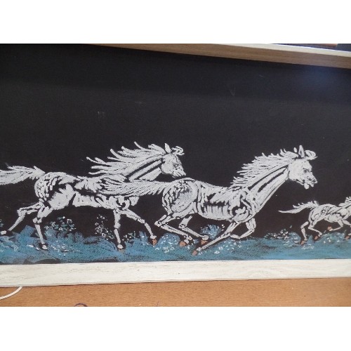 246 - C 1960'S/70'S ORIGINAL PASTEL DRAWING OF GALLOPING HORSES AND FOALS. ON BLACK GROUND. ORIGINAL FRAME... 