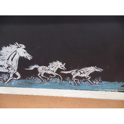 246 - C 1960'S/70'S ORIGINAL PASTEL DRAWING OF GALLOPING HORSES AND FOALS. ON BLACK GROUND. ORIGINAL FRAME... 