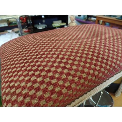 277 - LARGE FRENCH LOUIS STYLE DRESSING ROOM STOOL. UPHOLSTERED IN BURGUNDY CHEQUERBOARD TEXTURED FABRIC. ... 