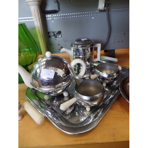 278 - VINTAGE CHROME EVER-HOT PB INSULATED TEAPOT, COFFEE POT, SUGAR & MILK, ON A MATCHING TRAY. TOGETHER ... 