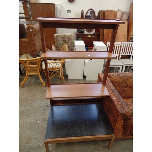 314 - MID-CENTURY OPEN SHELVING SYSTEM. DARK TEAK WITH A BLACK BASE. MATCHES LOT 311, AND OTHER ITEMS COMI... 