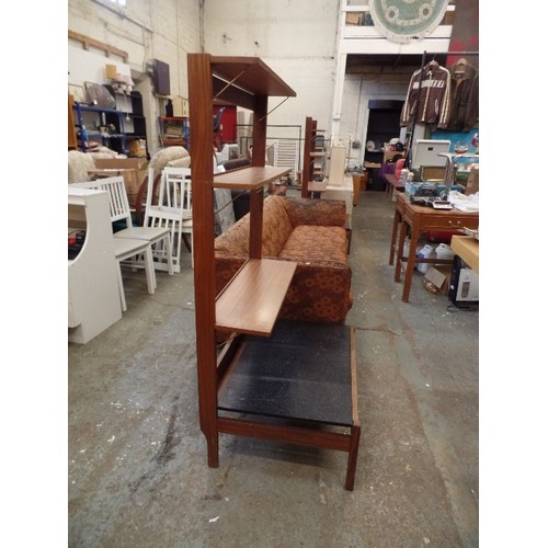 311 - MID-CENTURY OPEN SHELVING SYSTEM. DARK TEAK WITH A BLACK BASE. MATCHES LOT 314 & OTHER ITEMS COMING ... 