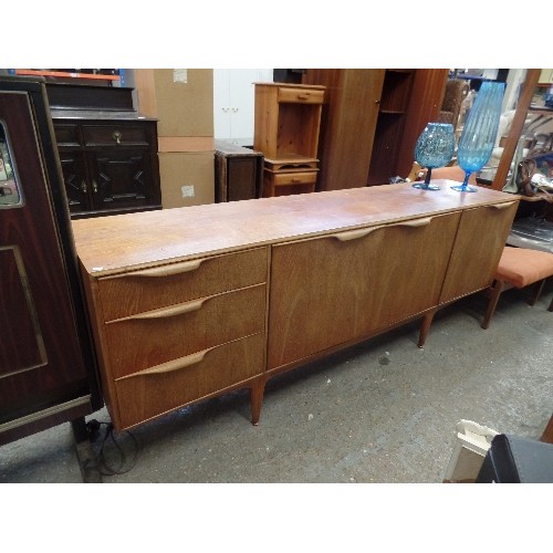 308 - BEAUTIFUL McINTOSH MID-CENTURY TEAK SIDEBOARD. 202CM W. LOVELY ROLLED HANDLE DETAIL. TAPERED LEGS WI... 