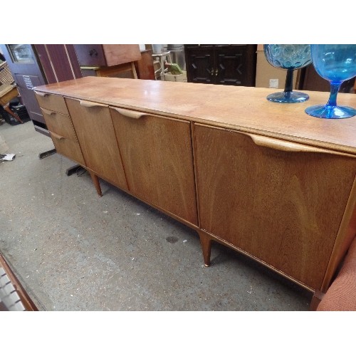 308 - BEAUTIFUL McINTOSH MID-CENTURY TEAK SIDEBOARD. 202CM W. LOVELY ROLLED HANDLE DETAIL. TAPERED LEGS WI... 