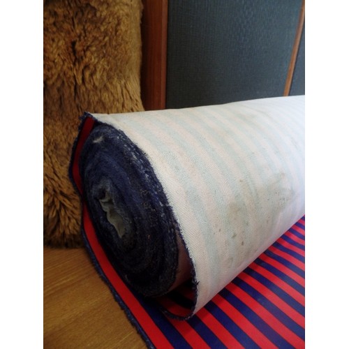 291 - LARGE ROLL OF WIPEABLE OIL-CLOTH FABRIC. RED AND NAVY STRIPE.