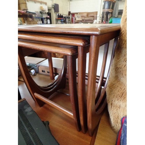 295 - NEST OF VINTAGE G-PLAN TILE-TOP TABLES. COFFEE, CARAMEL & BROWN TILES. GOOD CONDITION.