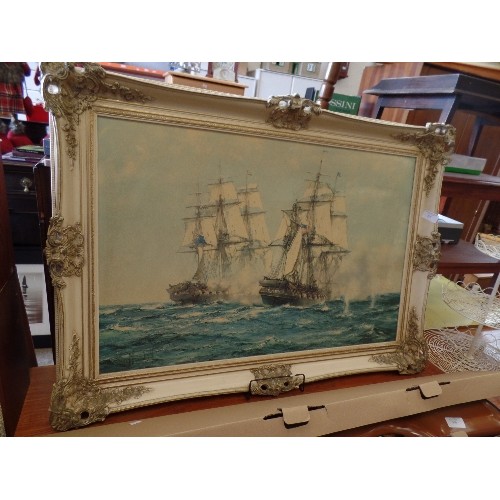 305 - LARGE VINTAGE PICTURE OF ANCIENT GALLEONS ON A CHOPPY SEA. ORNATE CREAM/GILT FRAME.