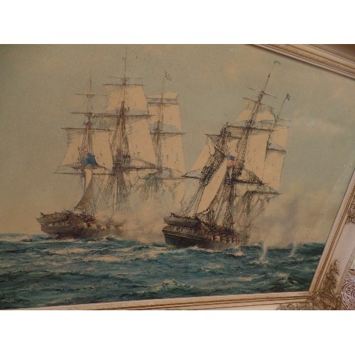 305 - LARGE VINTAGE PICTURE OF ANCIENT GALLEONS ON A CHOPPY SEA. ORNATE CREAM/GILT FRAME.