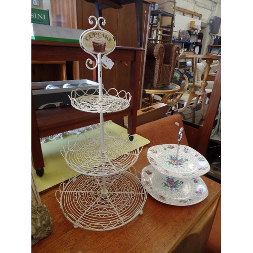 307 - VINTAGE STYLECRAFT-MIDWINTER 2-TIER CAKE STAND, TOGETHER WITH A TALL WIRE CUP-CAKE STAND IN CREAM.