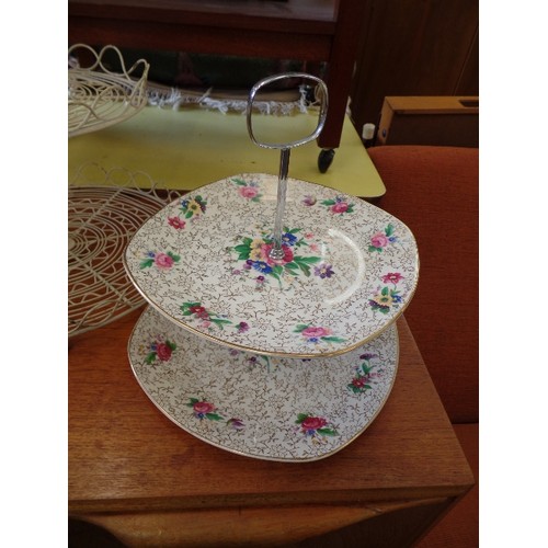 307 - VINTAGE STYLECRAFT-MIDWINTER 2-TIER CAKE STAND, TOGETHER WITH A TALL WIRE CUP-CAKE STAND IN CREAM.