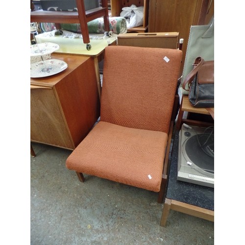 309 - MID-CENTURY DANISH TEAK-FRAMED EASY CHAIR. UPHOLSTERED IN BURNT ORANGE TEXTURED FABRIC.