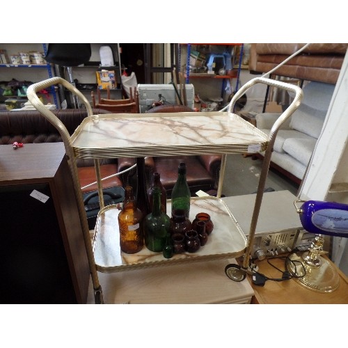 327 - RETRO-VINTAGE TEA TROLLEY. 2-TIER WITH 'MARBLED' FORMICA TRAYS, AND 'BRASSED' METAL FRAME.