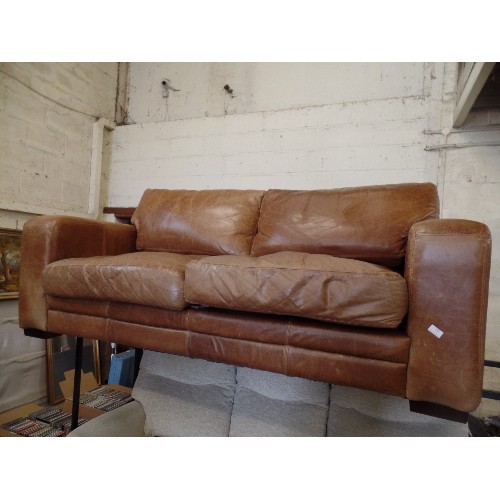 337 - 3-SEATER CLUB STYLE LEATHER SOFA. CIGAR BROWN.