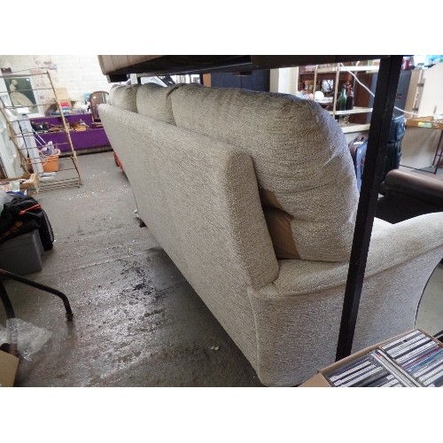 338 - 3-SEATER SOFA. TEXTURED IVORY FABRIC. WITH DARK WOOD FRAME & LEGS.