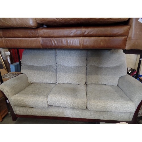 338 - 3-SEATER SOFA. TEXTURED IVORY FABRIC. WITH DARK WOOD FRAME & LEGS.