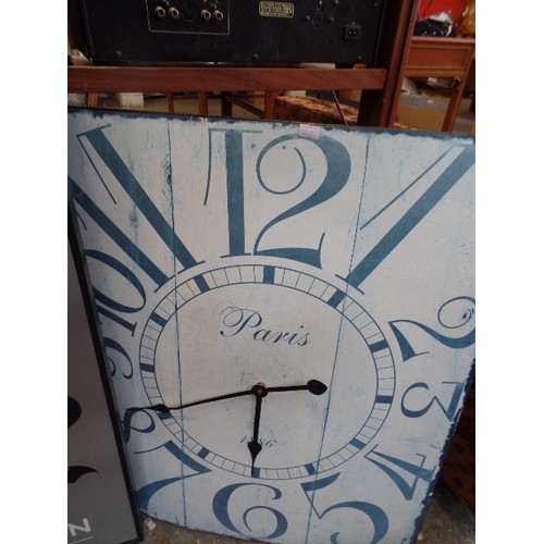 345 - LARGE VINTAGE STYLE QUARTZ WALL CLOCK. RECTANGULAR METAL BACKGROUND WITH 'PARIS 1886' ON CLOCK FACE.