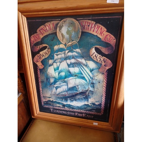 356 - VINTAGE STYLE PICTURE OF A GALLEON ON THE SEAS 'EAST INDIA SHIPPING CO' PINE FRAME.