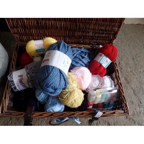 358 - LARGE PICNIC HAMPER FULL OF BALLS OF WOOL.