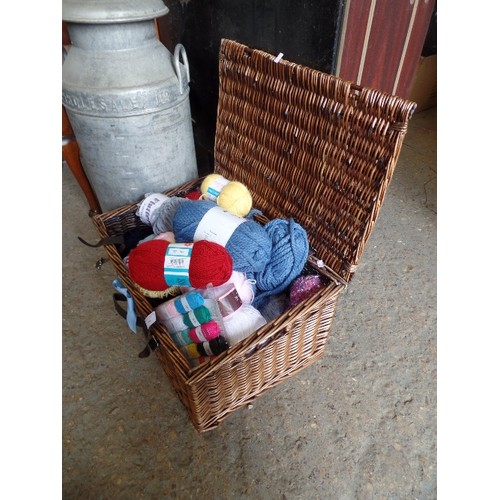 358 - LARGE PICNIC HAMPER FULL OF BALLS OF WOOL.