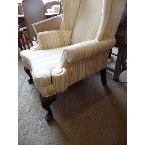 369 - LARGE VINTAGE QUEEN ANNE STYLE TALL-BACKED WING-BACK CHAIR. BY BRIDGECRAFT FURNITURE. CREAM AND SAND... 