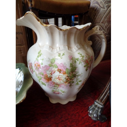 374 - UNUSUAL JUG & BOWL. RECTANGULAR BOWL, WITH OVAL SHAPE JUG. LOVELY GREEN WITH APPLES, PLUMS AND BLACK... 