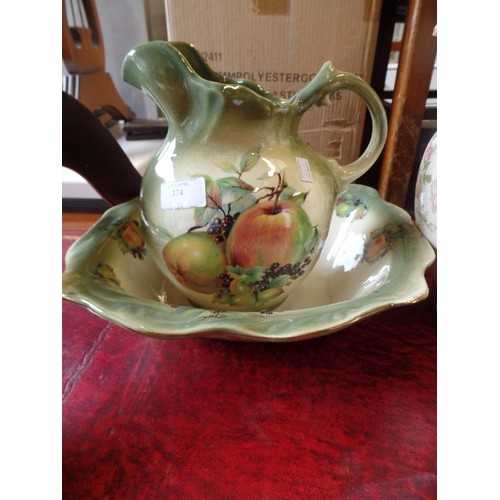 374 - UNUSUAL JUG & BOWL. RECTANGULAR BOWL, WITH OVAL SHAPE JUG. LOVELY GREEN WITH APPLES, PLUMS AND BLACK... 