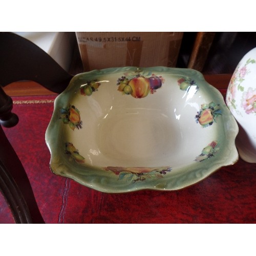 374 - UNUSUAL JUG & BOWL. RECTANGULAR BOWL, WITH OVAL SHAPE JUG. LOVELY GREEN WITH APPLES, PLUMS AND BLACK... 