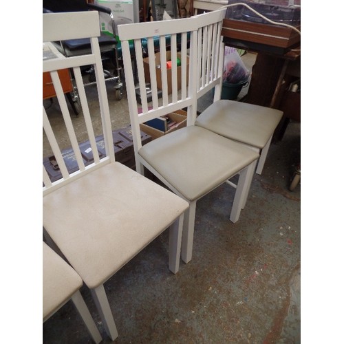 399 - 4 X WHITE CHAIRS [2 & 2] WITH SAND COLOURED PADDED SEATS.