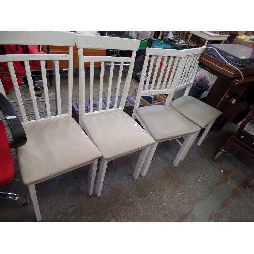 399 - 4 X WHITE CHAIRS [2 & 2] WITH SAND COLOURED PADDED SEATS.