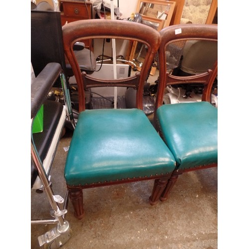 405 - 3 VICTORIAN BALLOON BACK DINING CHAIRS, WITH TEAL FAUX LEATHER SEATS.