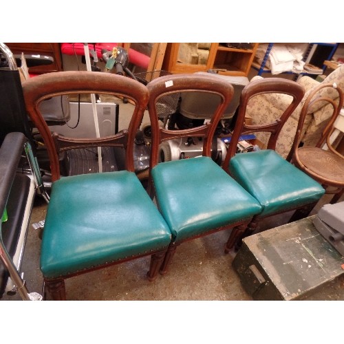 405 - 3 VICTORIAN BALLOON BACK DINING CHAIRS, WITH TEAL FAUX LEATHER SEATS.